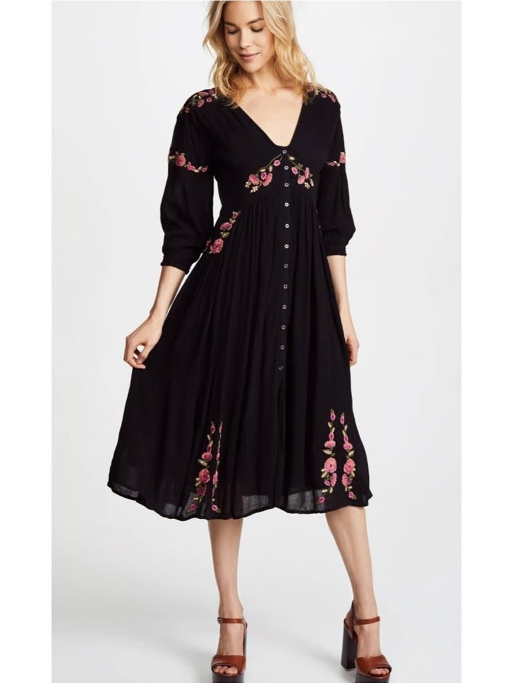 Free People Day Flow Black Floral Embroidered Midi Dress